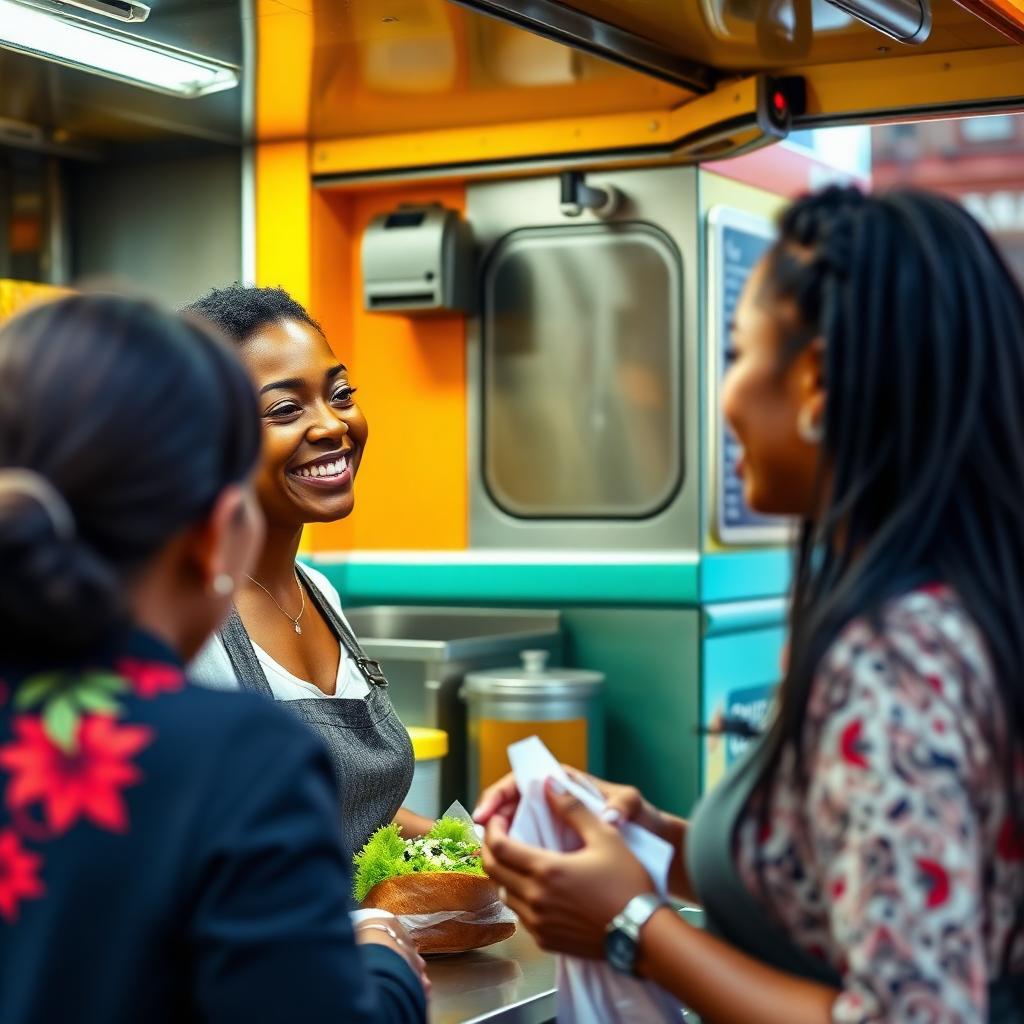 Food truck owner serving customers during busy lunch service