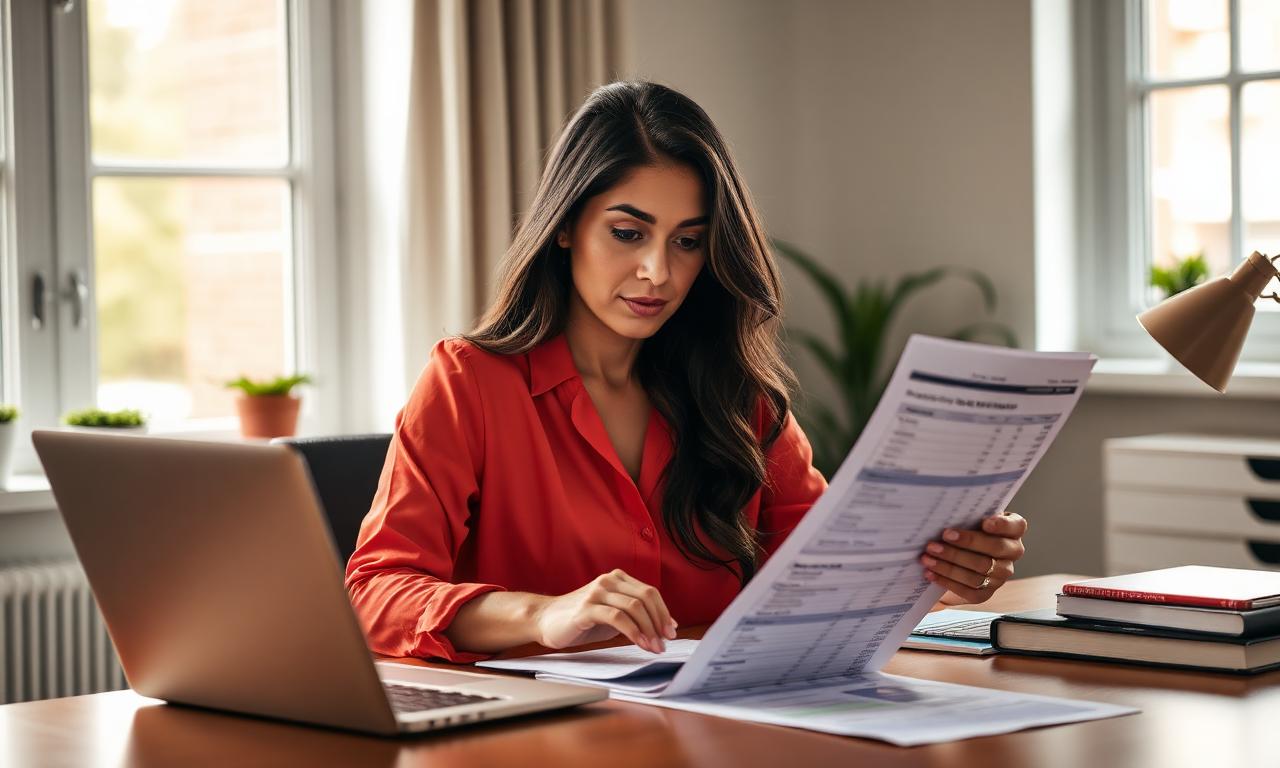 Small business owner reviewing printed financial statements at a desk with a laptop