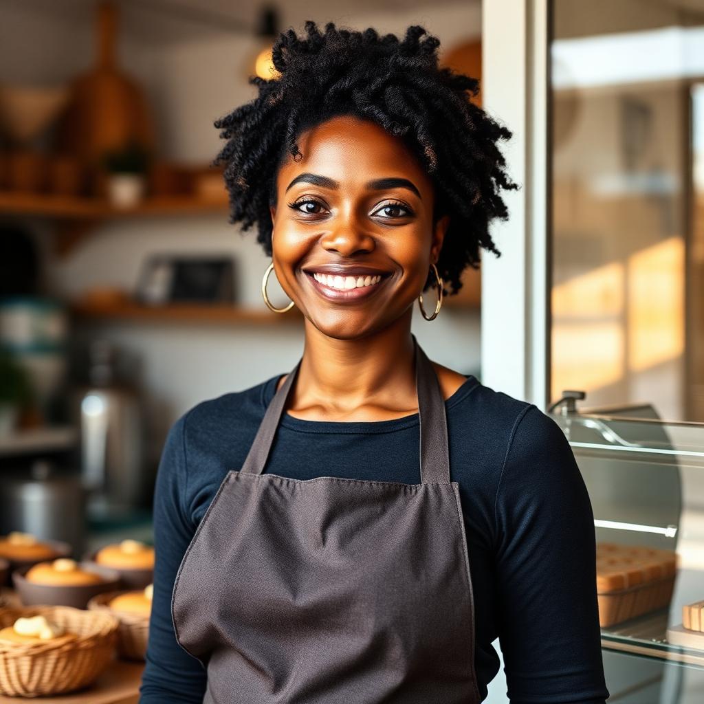 Diverse woman small business bakery owner smiling in her storefront