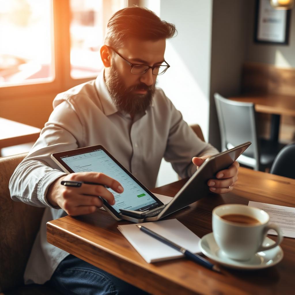 Business owner completing online loan application on a tablet