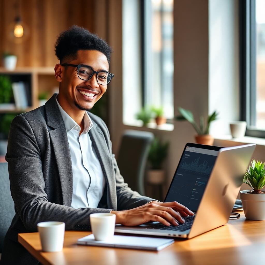 Small business owner reviewing online lending dashboard on laptop