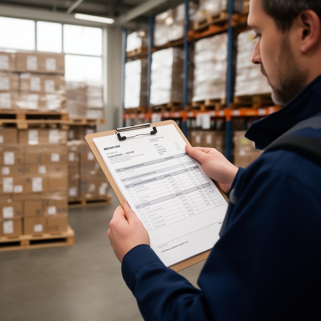 Warehouse owner reviewing inventory and purchase order options