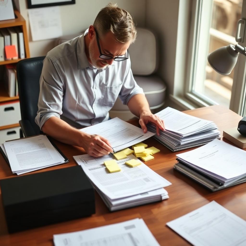 Business owner organizing SBA loan documents and tax returns on desk