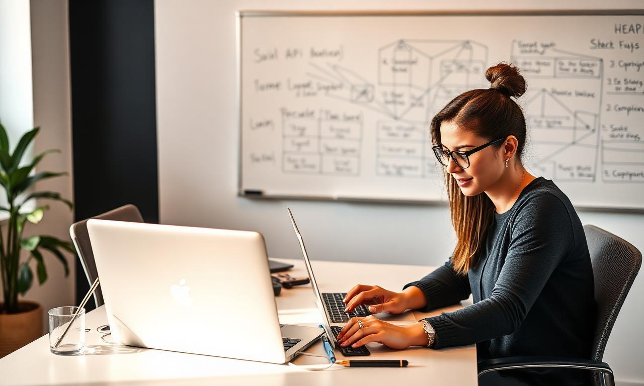 Two startup founders collaborating on laptops at a shared desk with a whiteboard behind them