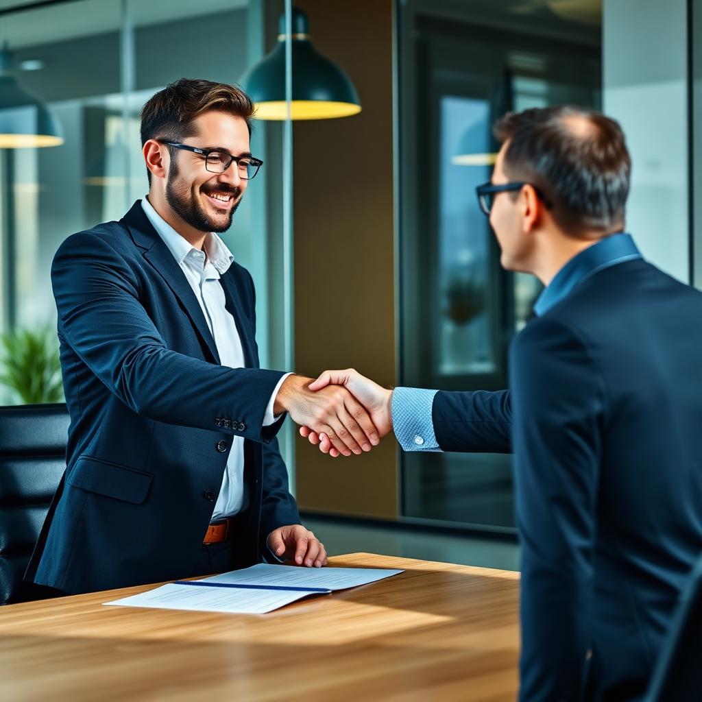 Small business owner shaking hands with banker after signing term loan paperwork